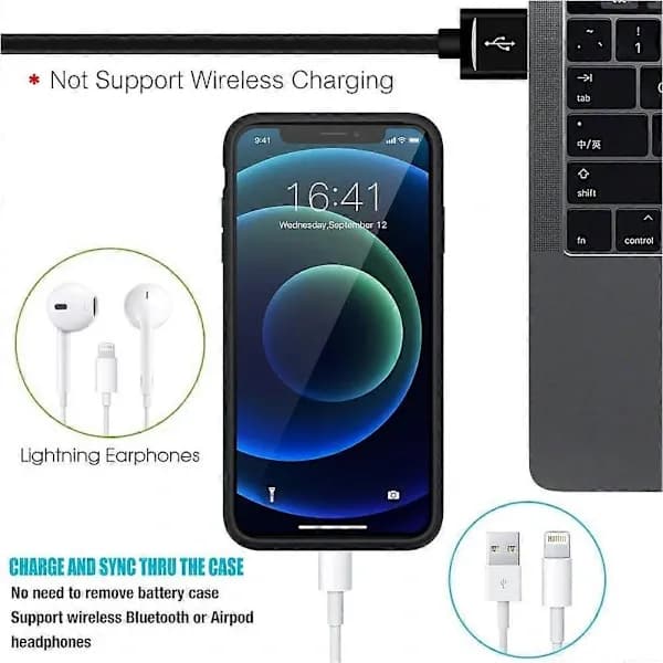 [LCS] Battericover til iPhone 12/12 Pro, [Opgraderet Version] 6800 mAh genopladeligt cover (Sort)