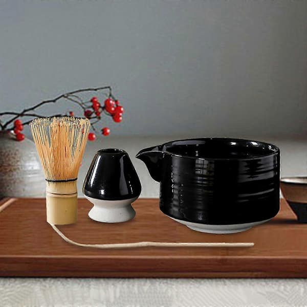 4x japansk sett, Matcha-bolle med helletut, Matcha-visp, te, keramikk 26s Black