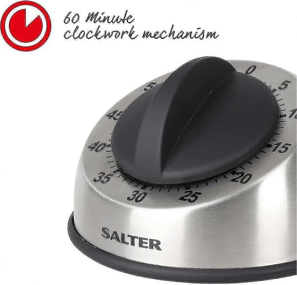 [LCS] Kvalitetsmekanisk kjøkkentimer opptil 60 minutter - Batterifri - 2 års garanti, rustfritt stål, svart/sølv