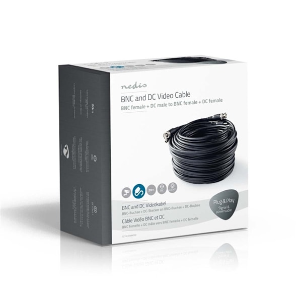 Nedis CCTV kamera kabel | BNC / DC | 20,0 m | Rund | PVC | Sort | Gaveæske 1488