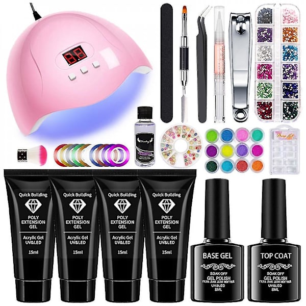 Nagelförlängningsset med UV/LED-nagellampa, 4 färger, Rhinestone pärlpulver