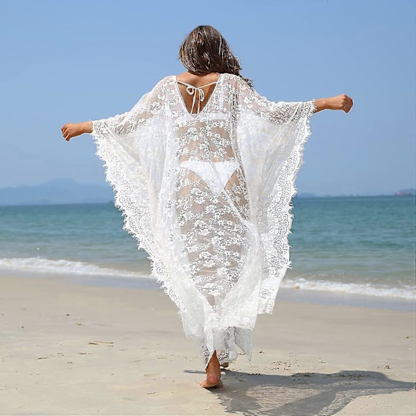 [LCS] Strandöverdrag Boho Spetskimono Plus Size Bikini Robe Baddräkt för kvinnor Solid-MXBC White