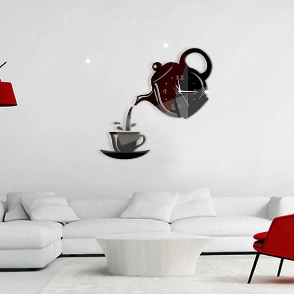 3d väggklocka Akryl kaffekopp tekannor Perfekt konst dekorera modern vägghängande klocka för hemmet Black