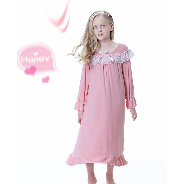 Flickors Nattlinnen Långärmad Sovkläder Bekväm Prinsessklänning pink 130
