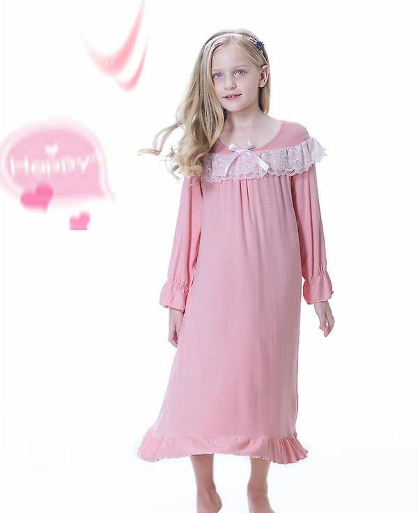 [LCS] Flicknattlinnen Långärmade Sovkläder Bekväm Prinsessklänning pink 130