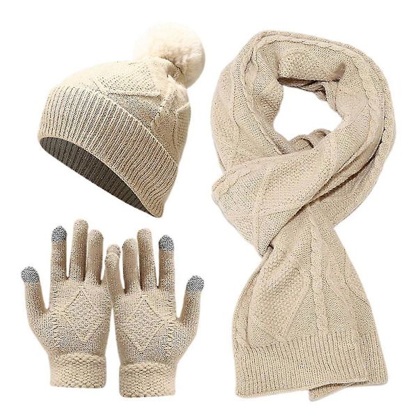 3 delar/set Mössa Halsduk Handskar Vinter Varm Mössa Kabelstickad Lång Halsduk Handskar Beige