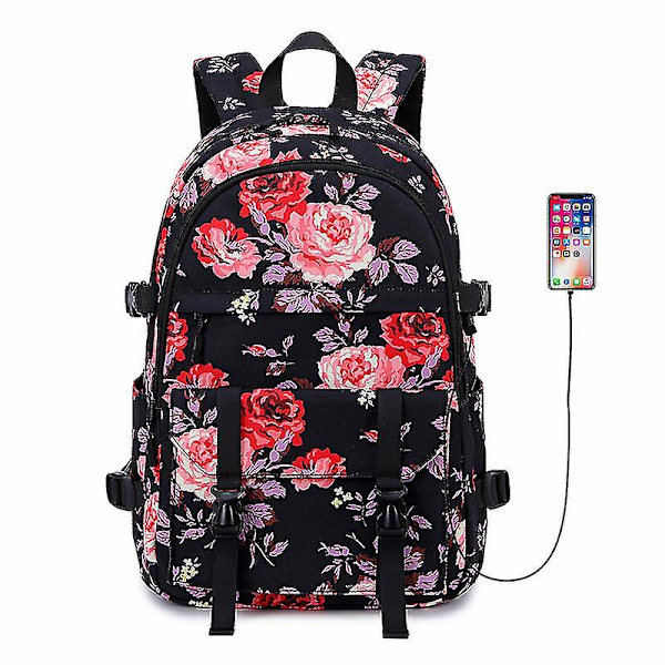 Blommig Vattentät USB Laptop Ryggsäck, Rese Skolväska Black