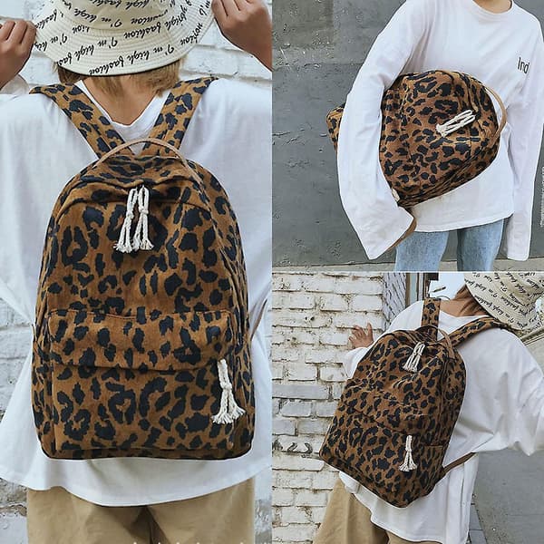 [LCS] Kvinnor Flickor Ryggsäck Leopardmönster Stor Kapacitet Dragkedja Mode Kompatibel med Skola Resor