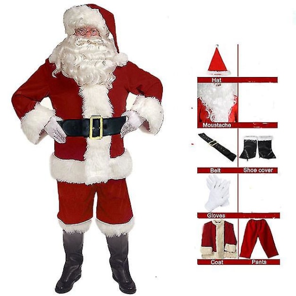 Klassiska Vuxen Xmas Flanell Cosplay kläder, Santa Claus kostym 7-delat set l