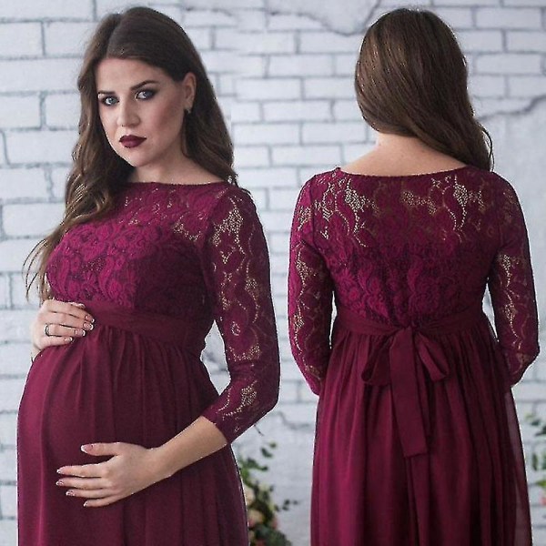 Gravidfotografi rekvisita Kvinnor Gravidkläder, Spetsklänning för gravida Wine Red with Sleeve XL