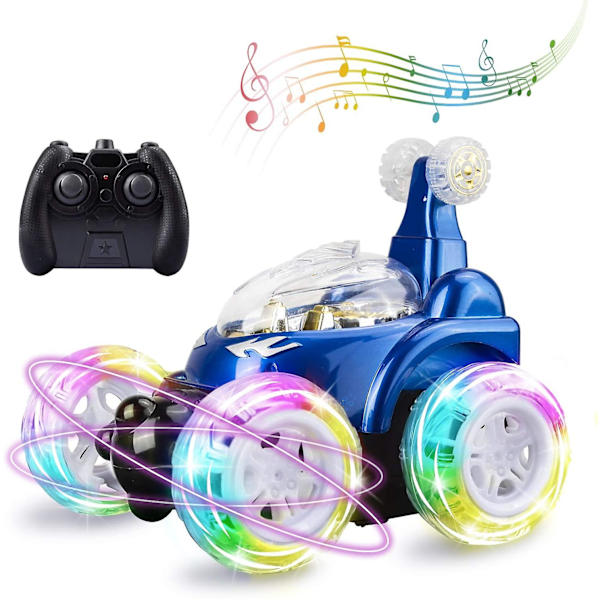 Oppladbar fjernstyrt bil, rc stuntbil uovervinnelig 360° rullende twister med fargerike lys og musikkbryter gave til barn Blue
