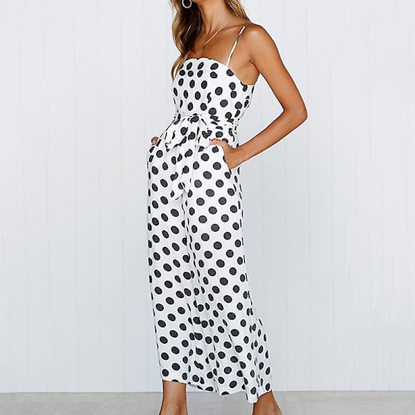Dame Stroppy Ferie Playsuit Jumpsuit Strand Prikket Trykk Bred Ben For Sommer Ny White M