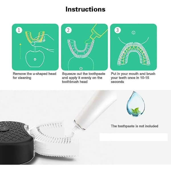 Automatic Electric Toothbrush Black, U-shaped Sonic Toothbrush with Replaceable Heads for Teeth Whitening