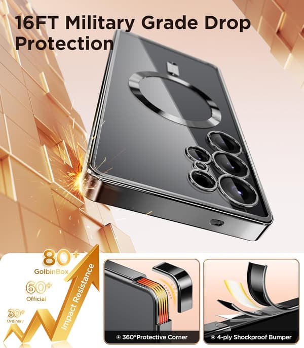 [LCS]Magnetic Case Samsung Galaxy S25 Ultra, Compatible with MagSafe, [Full Camera Protection] [Screen Protector] Shockproof Plated Transparent Black\/Clear