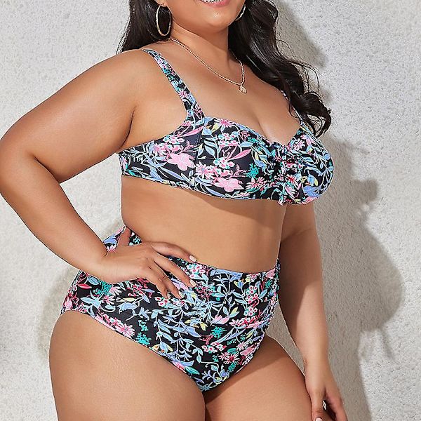 Bikini för damer i oversize-modell, 2-delad, hög skärning, hög midja, justerbara axelband Flower XL
