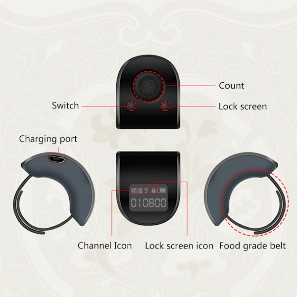 Mini Digital LCD Elektronisk Finger Ring Håndtæller 9 Cifre - WELLNGS Red