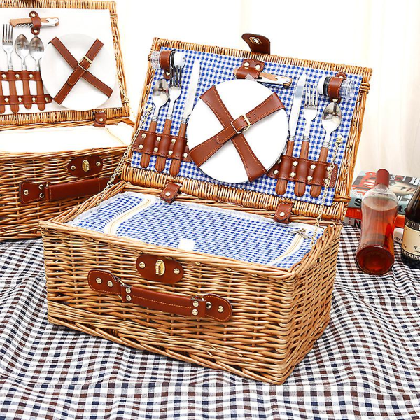 Blårutigt mönster Rottingflätad picknickkorg med lock