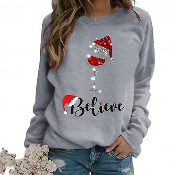 Mode Kvinder Juleprint O-hals Langærmet Pullover Top Løs Sweatshirt L