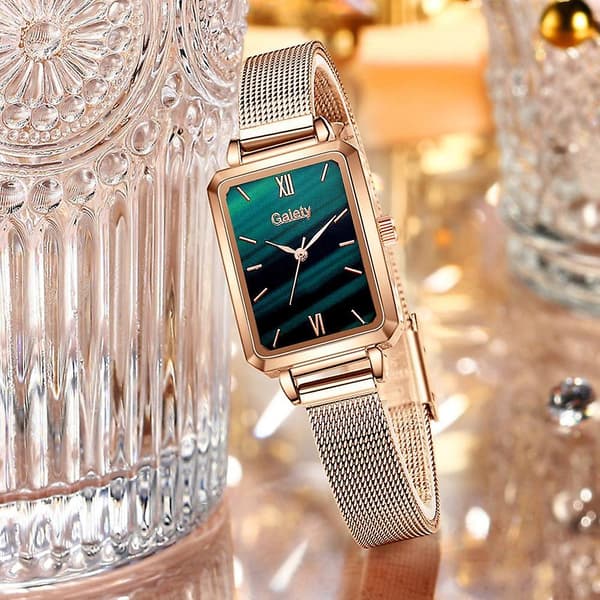 Dameure mode firkantede dame quartz armbåndsur sæt grøn 1pc mesh watch3