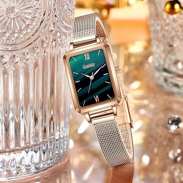 Damklockor mode fyrkantiga dam quartz klocka armband set grön 2pcs mesh watch set2