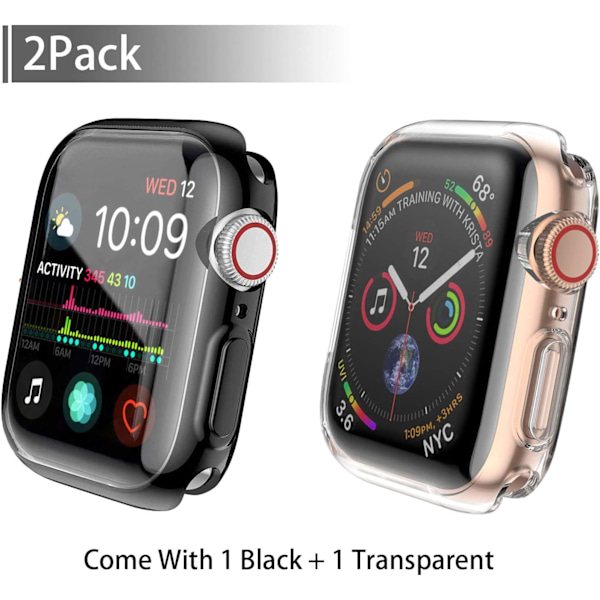 [2-Pack] 44mm Skal för Apple Watch Series 6 / SE/Series 5 / Series 4 Skärmskydd, Komplett Skyddande Skal TPU HD Ultratunt Skydd (1 Svart+1 Tra