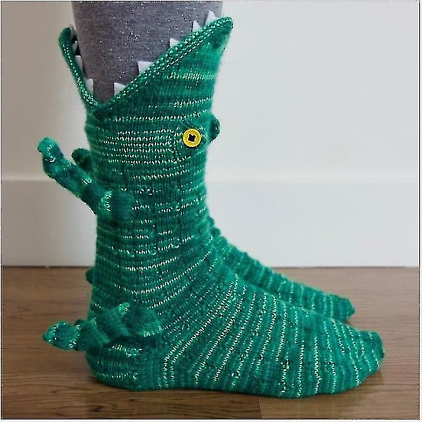 Neutrala Stickade Krokodilsockor Kreativ Djurform Varma Inomhus Vinter Dam Green crocodile