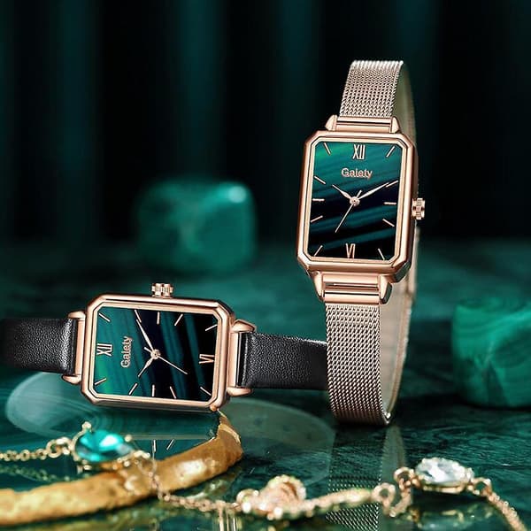 Dameure mode firkantede dame quartz armbåndsur sæt grøn 2pcs mesh watch set4