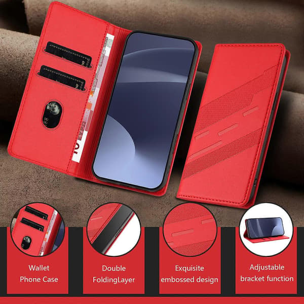 [LCS]Etui til iPhone 15, blødt PU-læder Folio Flip Kickstand Stødsikkert telefonetui - Mørkegrøn Red