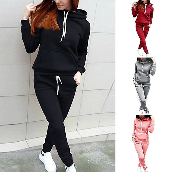 Dames Høst Sportdress med Kengurulomme Hettegensere og Buksesett for Trening Pink 4XL