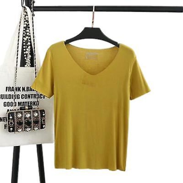 Kvinnors Ultratunn V-ringad Enfärgad Kortärmad T-shirt Topp yellow 3XL