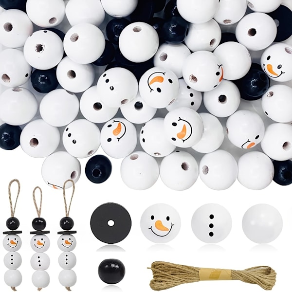 Träpärlor för 50 set snögubbar med 10m bomullsband 20mm snögubbe ansikte träpärlor set för DIY hantverk jul vinterdekorationer