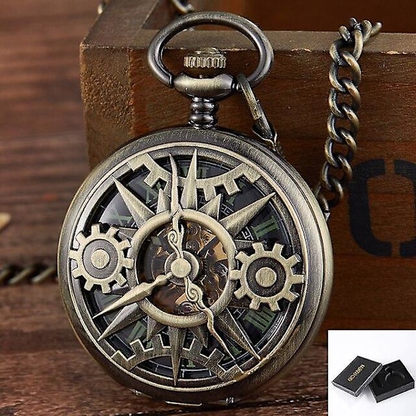 Steampunk Retro Hul Gearbevægelse Mekanisk Lommeur Skelet Håndoptræk FOB Ure