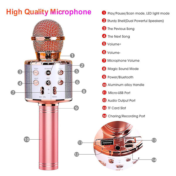 Trådløs Karaokemikrofon, Bærbar Bluetooth Karaokemikrofon med LED Discolys, Egnet for Barn/Voksen Sang, (Rose Gull)