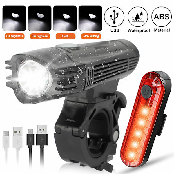 LED Fram- och Baklampsset USB Uppladdningsbar Cykellampa Cykelstrålkastare