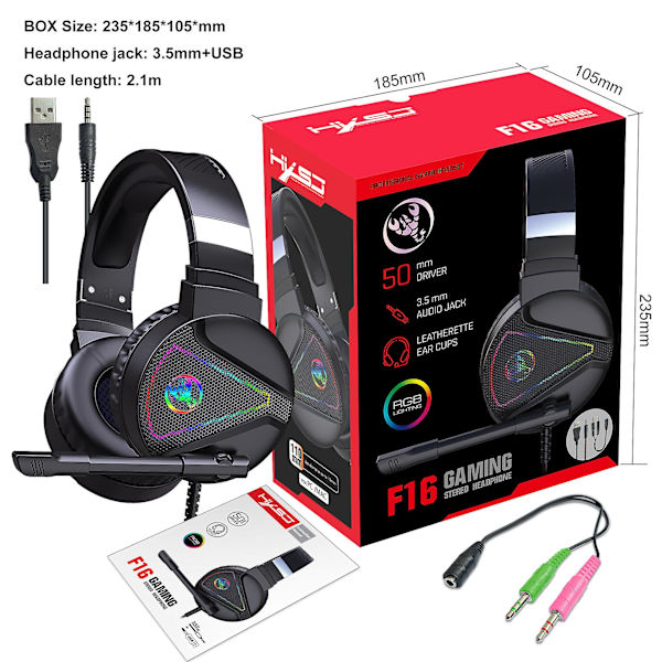 F16 RGB -pelikuulokkeet, langalliset kuulokkeet, jotka ovat yhteensopivat tietokoneen, kannettavan tietokoneen ja tabletin kanssa