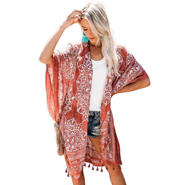 Tryckt Kimono Kofta Dam Strandkläder Tofs Bikini Överdrag
