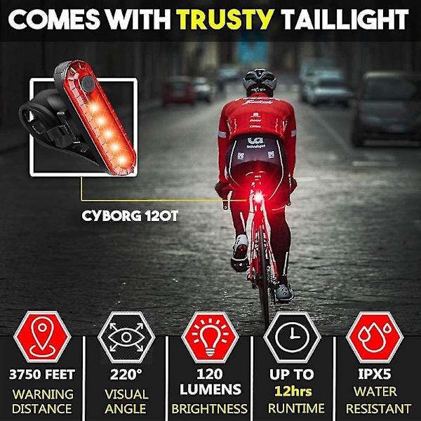 USB Uppladdningsbar Cykellampa, Super Stark Cykel Framlykta och Baklykta (Med Baklykta)