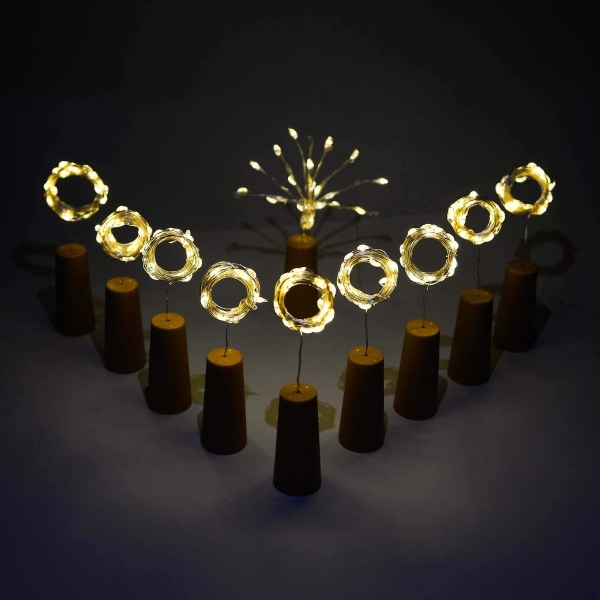 Vinflasklampor med Kork, 10-pack Batteridrivna LED Korkformade Silvertråd Slingor (varmvitt)