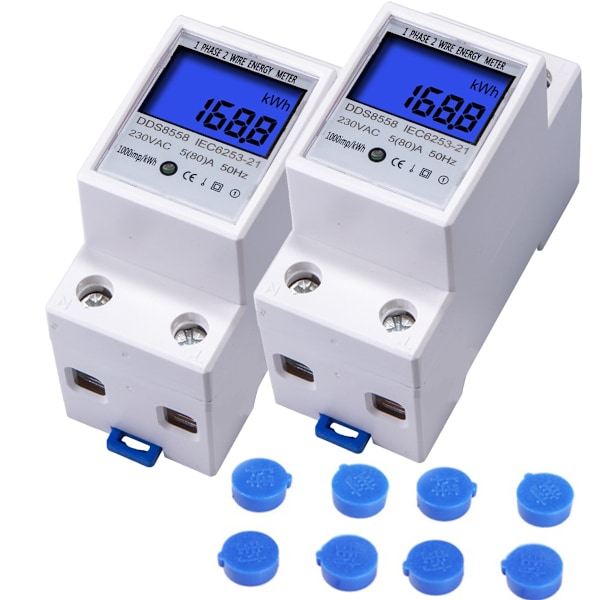 [2 stykker] strømmåler 5-80A 230V 50Hz digital elektrisk strømmåler med LCD-display elektrisk delingsmåler 1 fase 2 poler 2P DIN-skinne