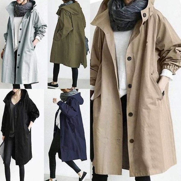 Dam Vindjacka Casual Lös Knappfickor Huva Vindtät Vattentät För Utomhusvandring Light Grey 5XL