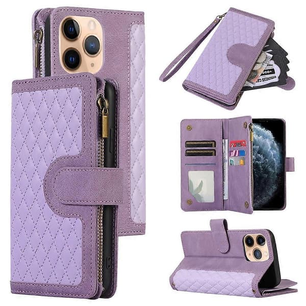 Kompatibelt etui til iPhone 11 Pro med lynlåslomme, læder, 9 kortpladser og håndledsrem Purple