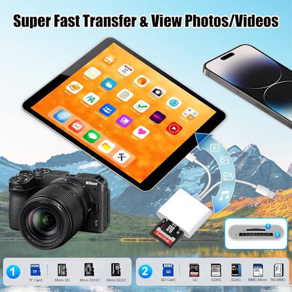 2-i-1 Lightning + USB-C SD-kortleser for iPhone V 2-in-2 Lightning + USB C Card Reader