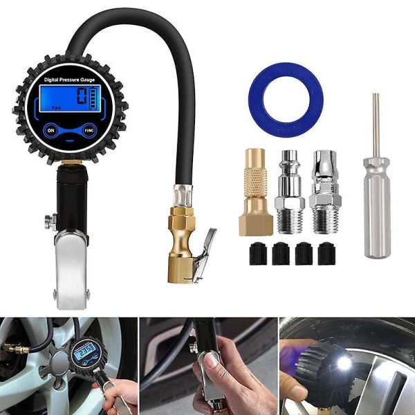 1 Set Digital Däcktrycksmätare Med Tryckmätare 200 Psi Luftchuck Kit