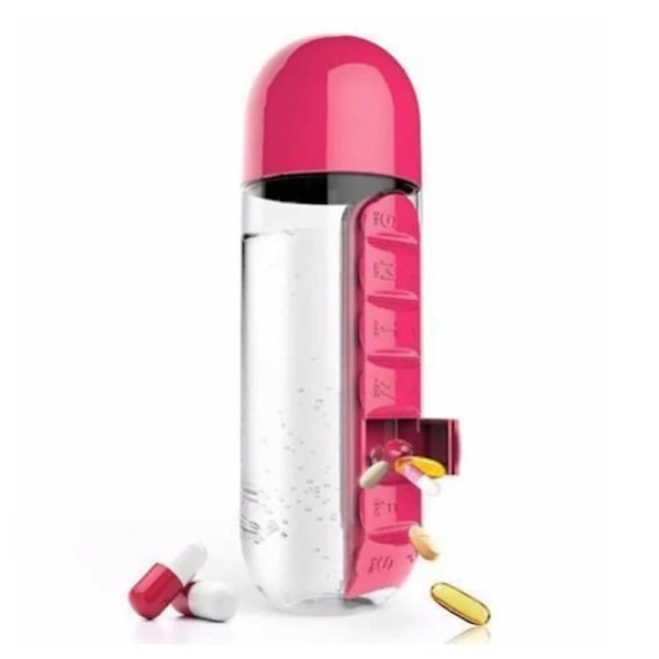 Pillerirasia ja juomapullo 600ml Ilmainen matka 7 päivän pillerikuppi 2-in-1 juomapullo pillerijärjestäjällä Pink
