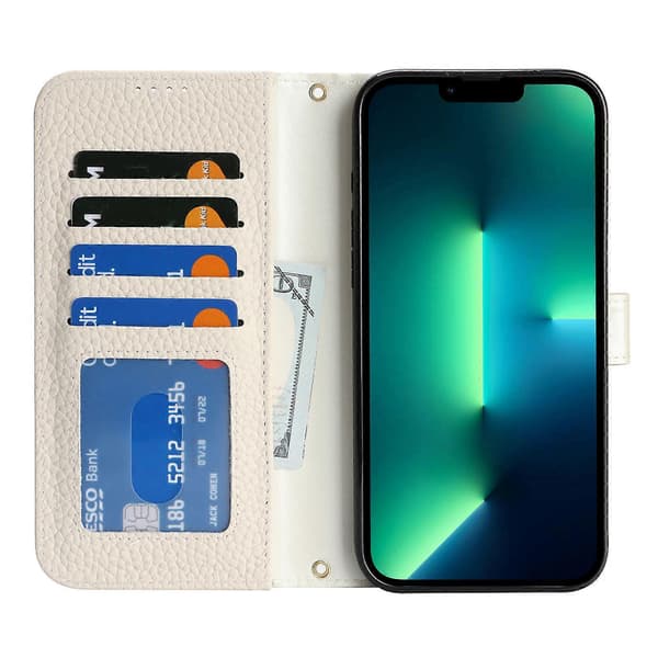För iPhone 13 Pro Max 12 Pro Max Stativfodral Litchi Textur Äkta Kohud Plånboksfodral RFID-blockerande Vit