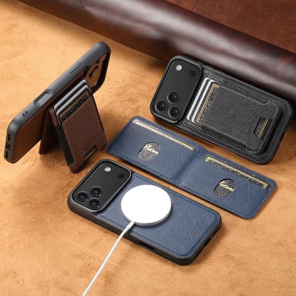 [LCS]iPhone 17 Case - Cross Grain Leather with MagSafe and Detachable Wallet Blå
