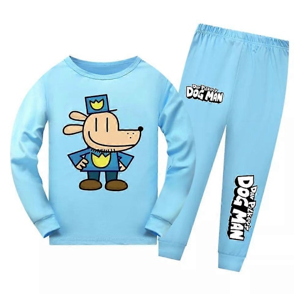 Dog Man Världsbokdagen Långärmad Tröja+Byxor Sovkläder Nattkläder Pyjamas Set Ljusblå för Barn 8-9Years Light blue