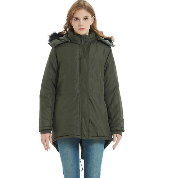 Dame Vinter Lang Mid-længde Lynlås Knap Hætte Parka Jakke NAVY XL