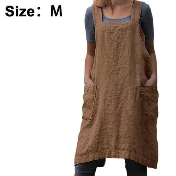 Bomull Lin Forkle Kryss Rygg Forkle For Kvinner Med Lommer Kittelkjole For Baking Matlaging Khaki M