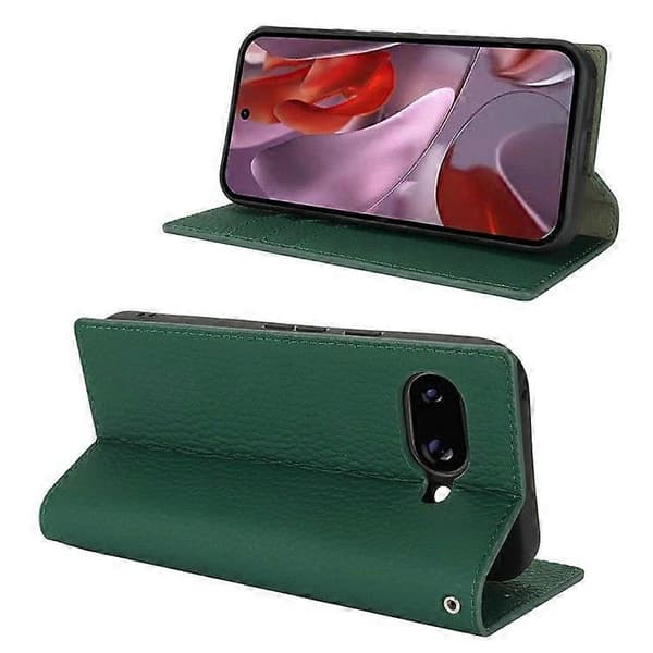 För Google Pixel 9a Plånboksfodral Äkta Kohud Telefonfodral Litchi Textur Green